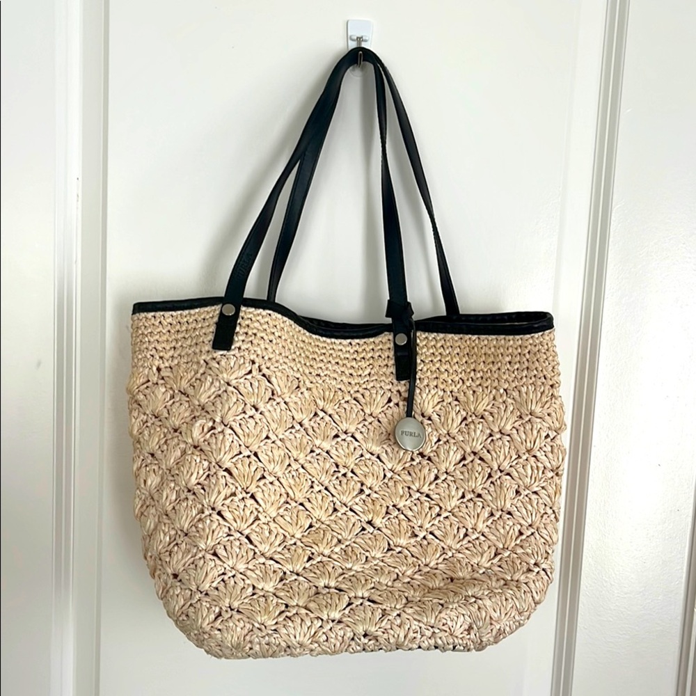 Furla Black Leather and raffia tote. Never used.